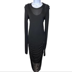 a.l.c black stretch long-sleeved ruched mesh midi dress with zippers, size L